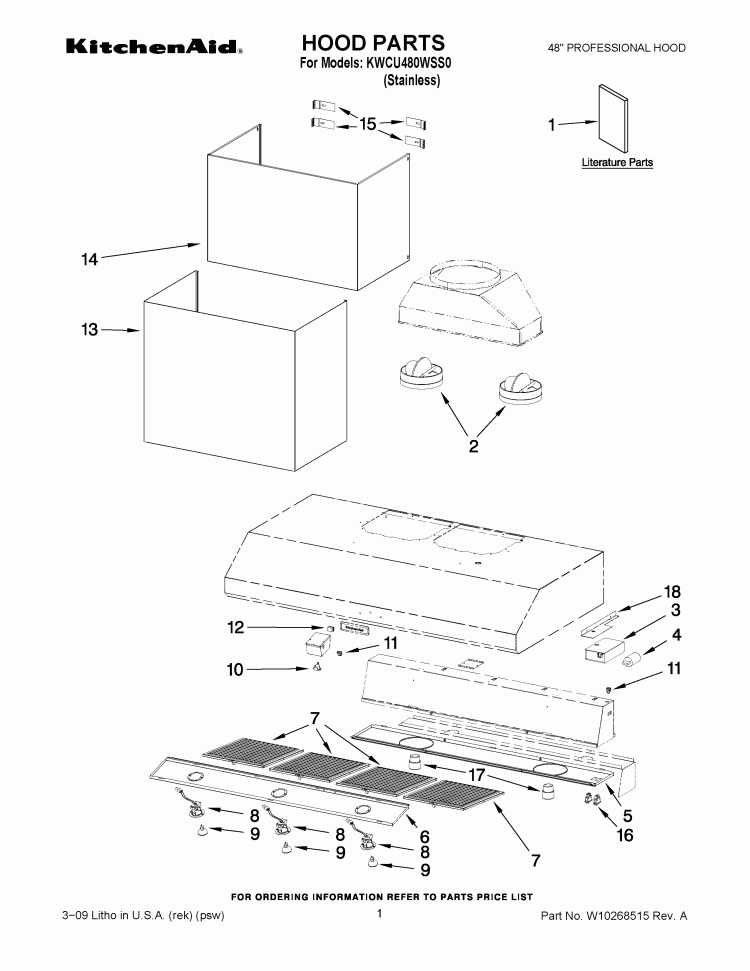 HOOD PARTS Diagram and Parts List for KWCU480WSS0  KitchenAid Range Hood