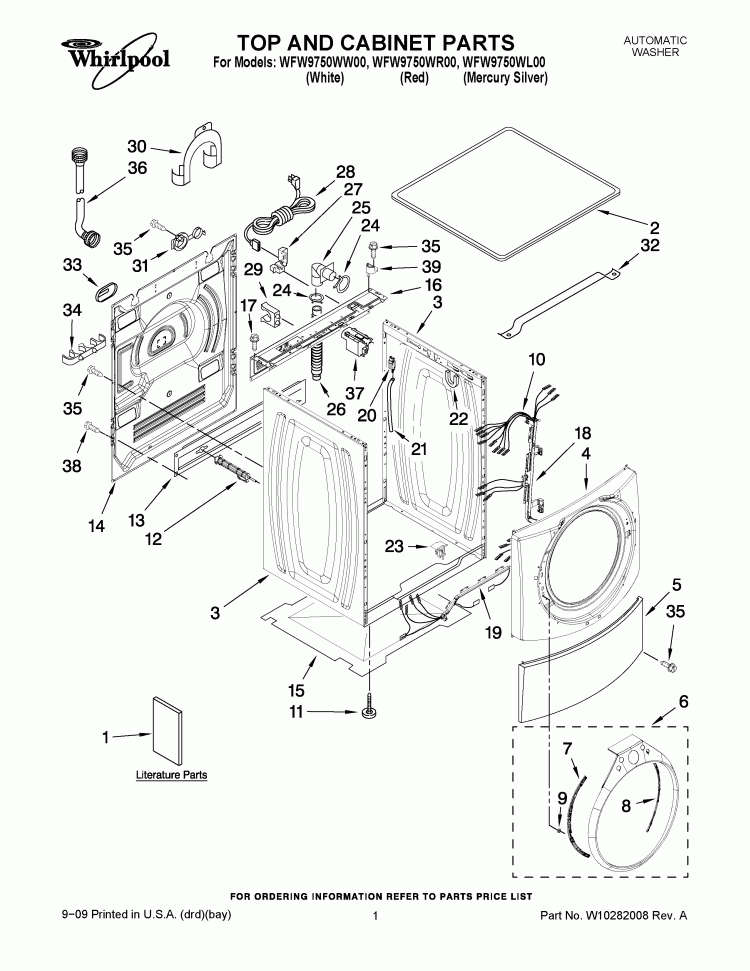 TOP AND CABINET PARTS Diagram and Parts List for WFW9750WR00  Whirlpool Washer