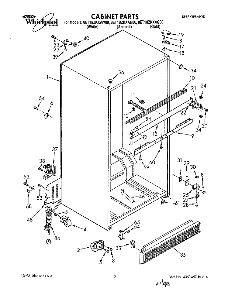 CABINET Diagram and Parts List for 8ET18ZKXAN00  Whirlpool Refrigerator
