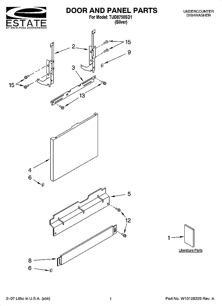 DOOR AND PANEL PARTS Diagram and Parts List for TUD8750SD1  Estate Dishwasher