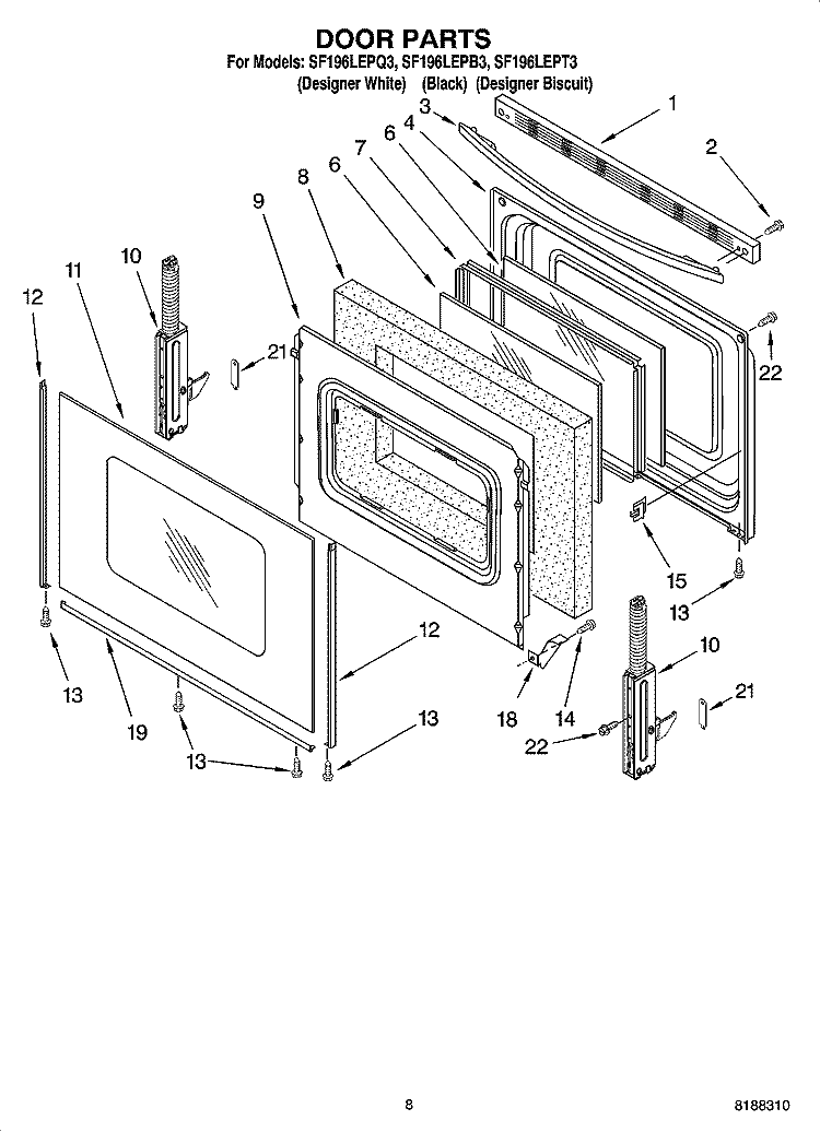 DOOR PARTS, OPTIONAL PARTS Diagram and Parts List for SF196LEPB3  Whirlpool Range