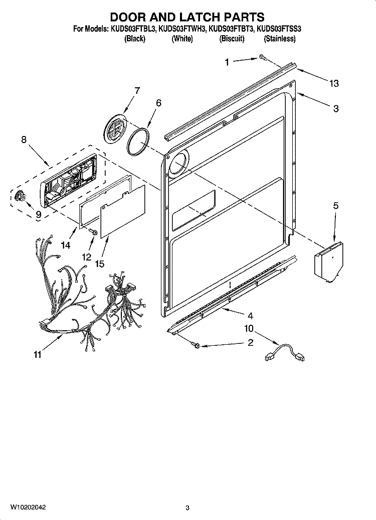 DOOR AND LATCH PARTS Diagram and Parts List for KUDS03FTSS3  KitchenAid Dishwasher
