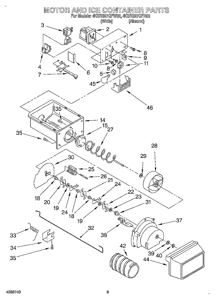 MOTOR AND ICE CONTAINER Diagram and Parts List for 4KSRS27QFW02  KitchenAid Refrigerator