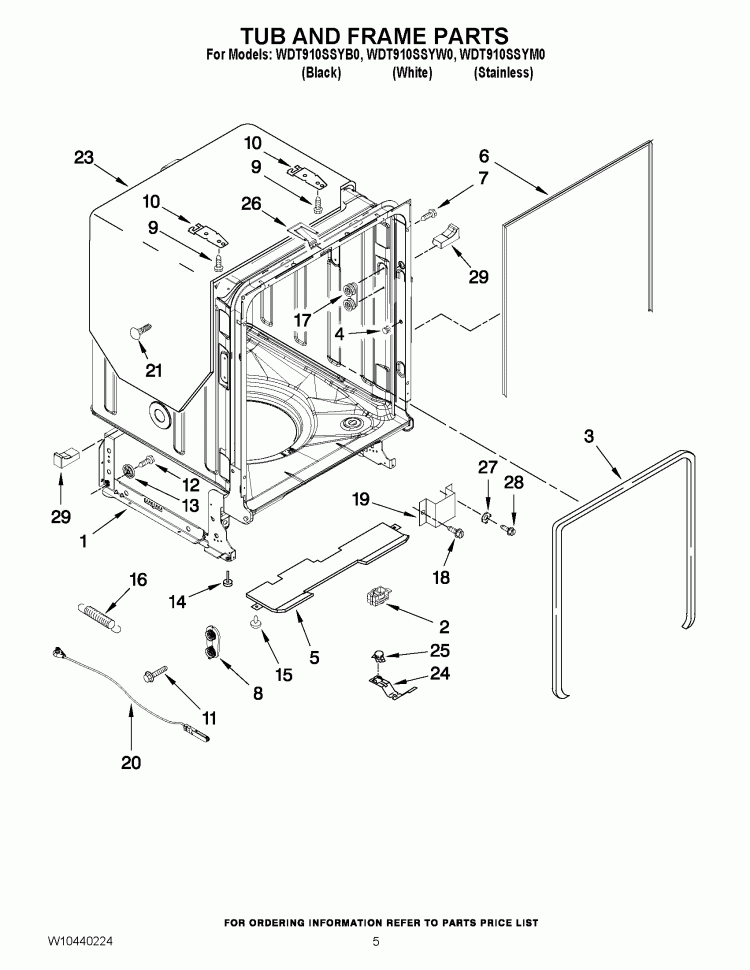 TUB AND FRAME PARTS Diagram and Parts List for WDT910SSYW0  Whirlpool Dishwasher