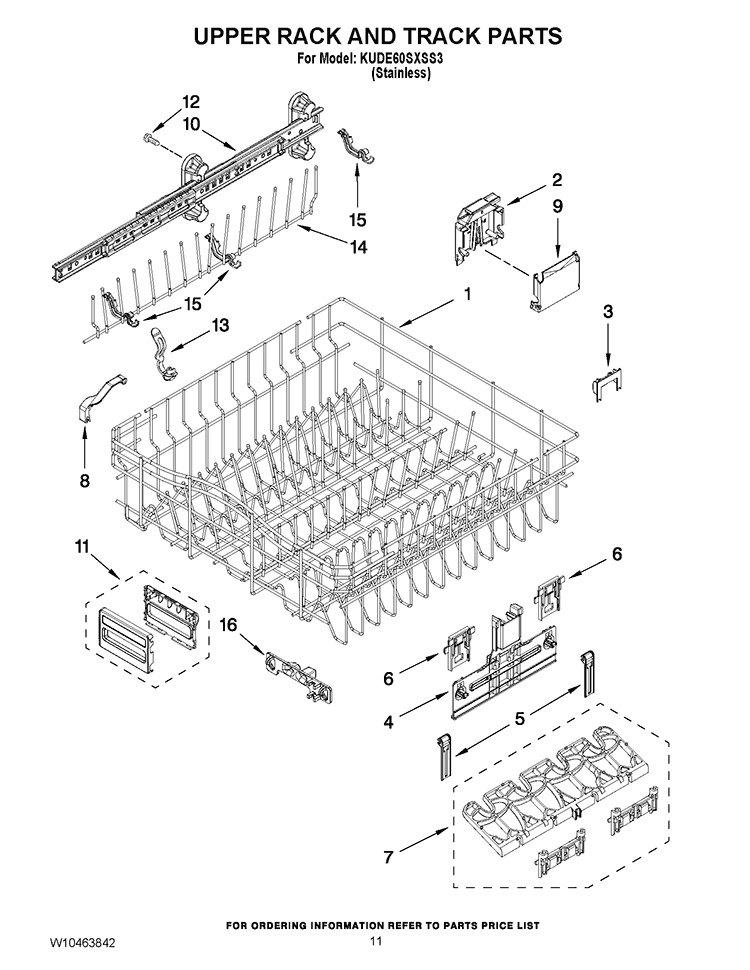 UPPER RACK AND TRACK PARTS Diagram and Parts List for KUDE60SXSS3  KitchenAid Dishwasher