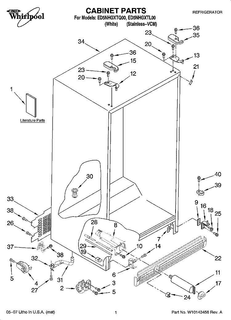 CABINET PARTS Diagram and Parts List for ED5NHGXTQ00  Whirlpool Refrigerator