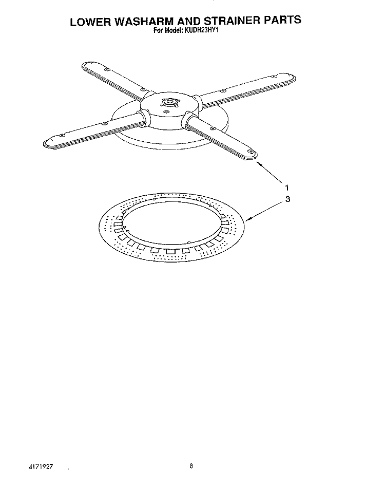 LOWER WASHARM AND STRAINER Diagram and Parts List for KUDH23HY1  KitchenAid Dishwasher