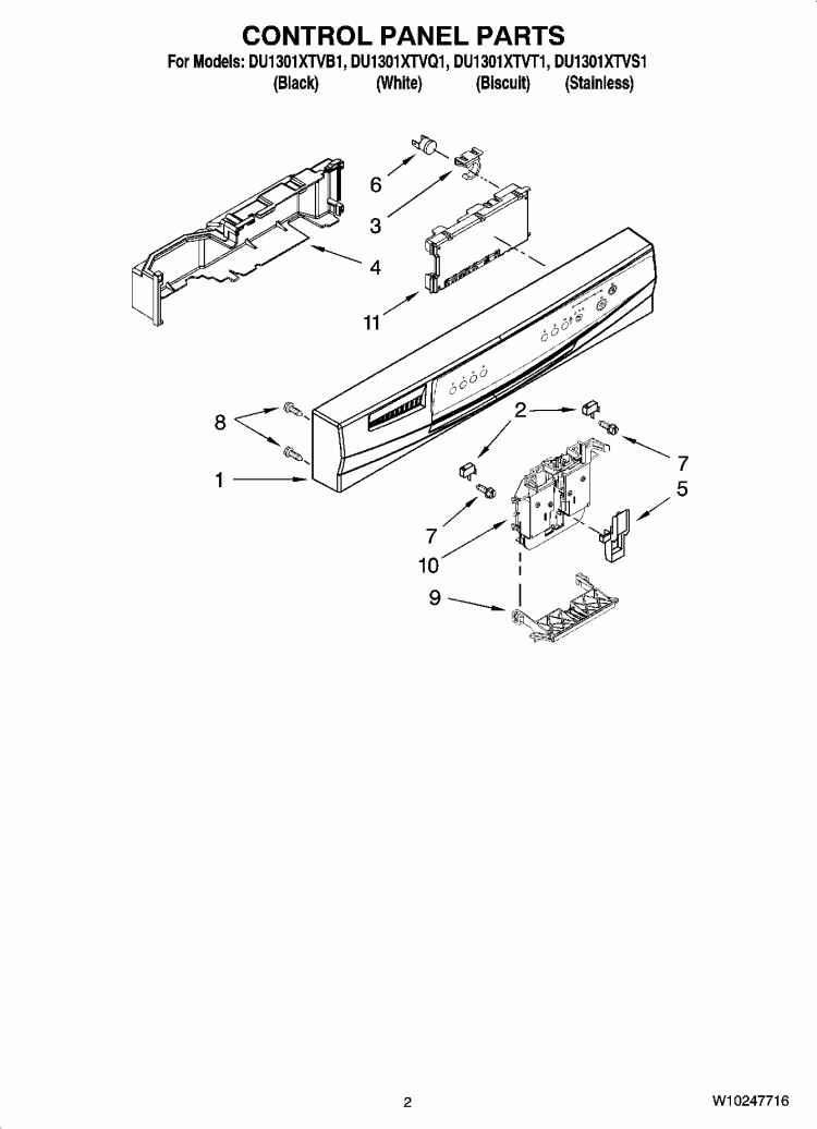 CONTROL PANEL PARTS Diagram and Parts List for DU1301XTVQ1  Whirlpool Dishwasher