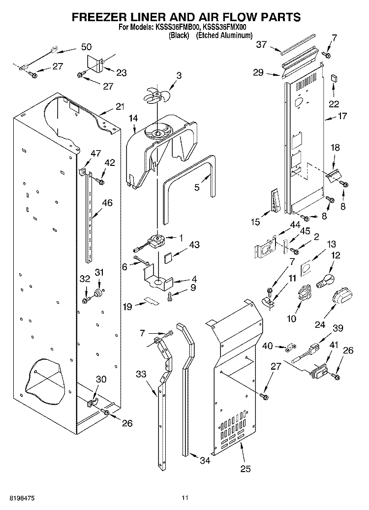 FREEZER LINER AND AIR FLOW PARTS Diagram and Parts List for KSSS36FMX00  KitchenAid Refrigerator