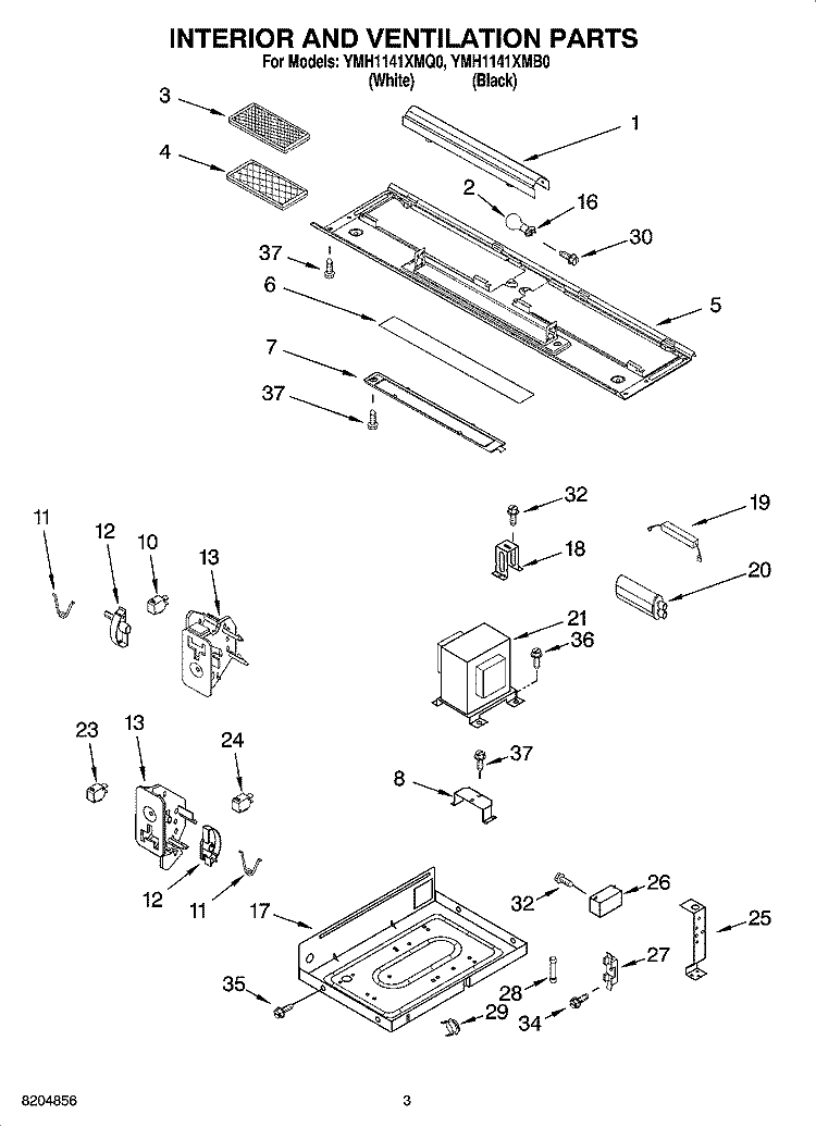 INTERIOR AND VENTILATION PARTS Diagram and Parts List for YMH1141XMB0  Whirlpool Microwave