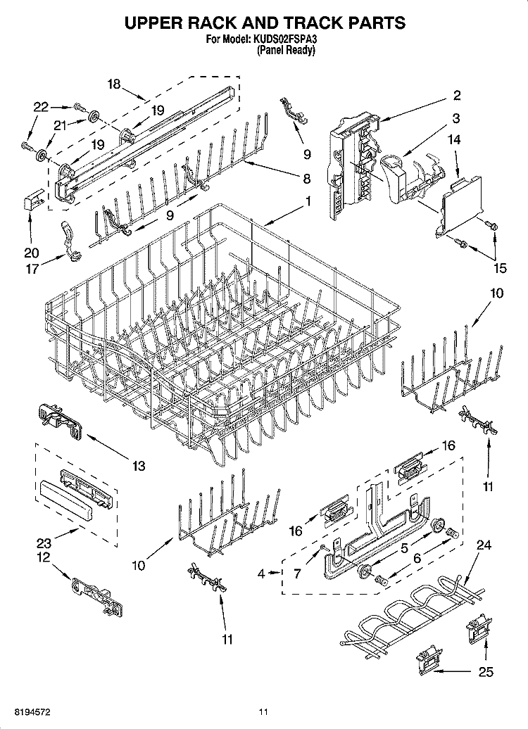 UPPER RACK AND TRACK PARTS Diagram and Parts List for KUDS02FSPA3  KitchenAid Dishwasher