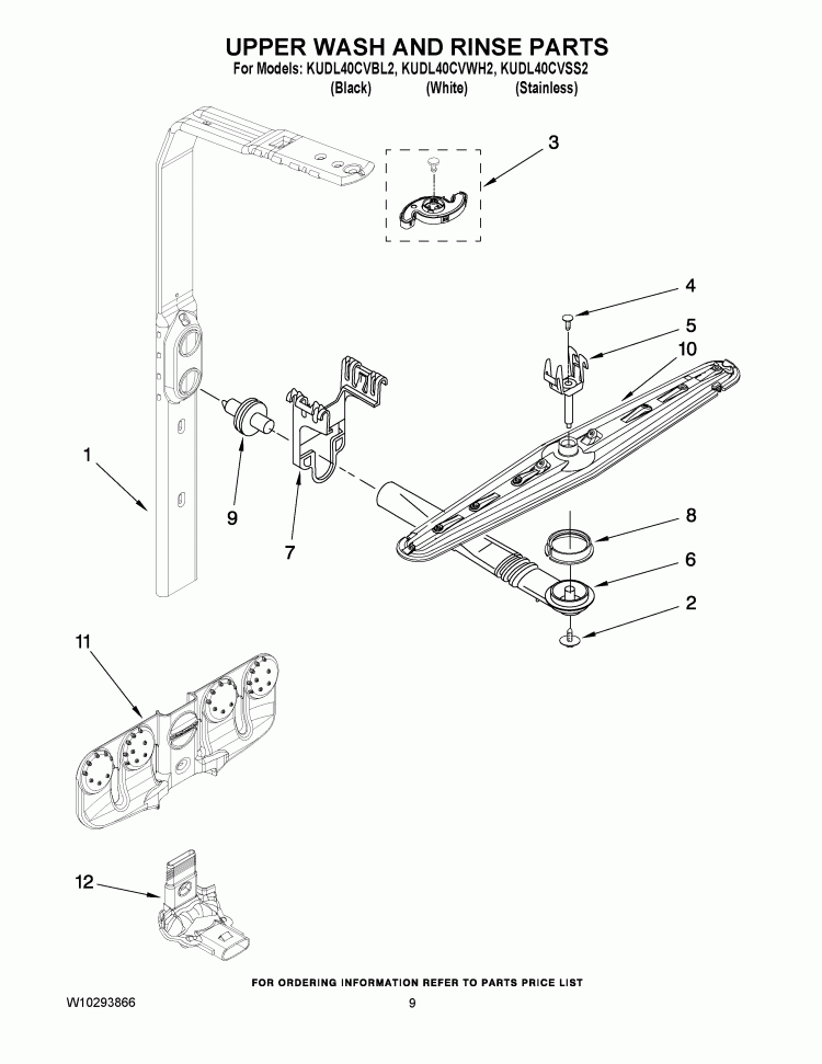 UPPER WASH AND RINSE PARTS Diagram and Parts List for KUDL40CVBL2  KitchenAid Dishwasher