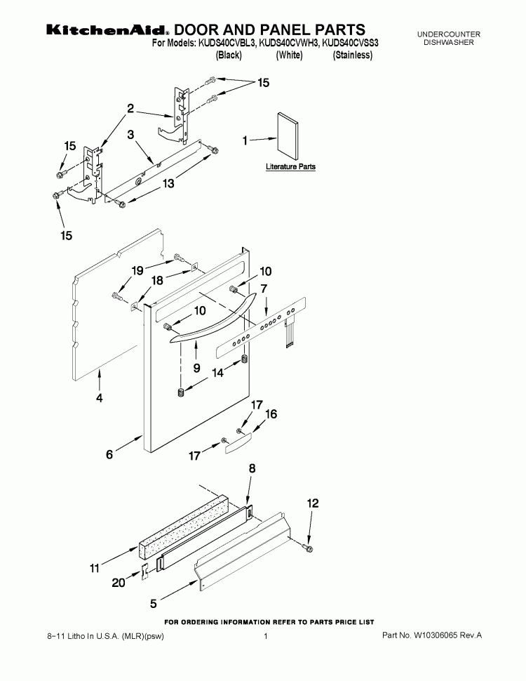 DOOR AND PANEL PARTS Diagram and Parts List for KUDS40CVWH3  KitchenAid Dishwasher