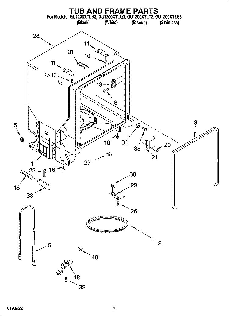 TUB AND FRAME PARTS Diagram and Parts List for GU1200XTLT3  Whirlpool Dishwasher