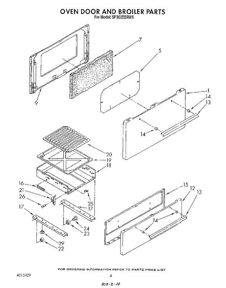 OVEN DOOR AND BROILER Diagram and Parts List for SF302EERW5  Whirlpool Range