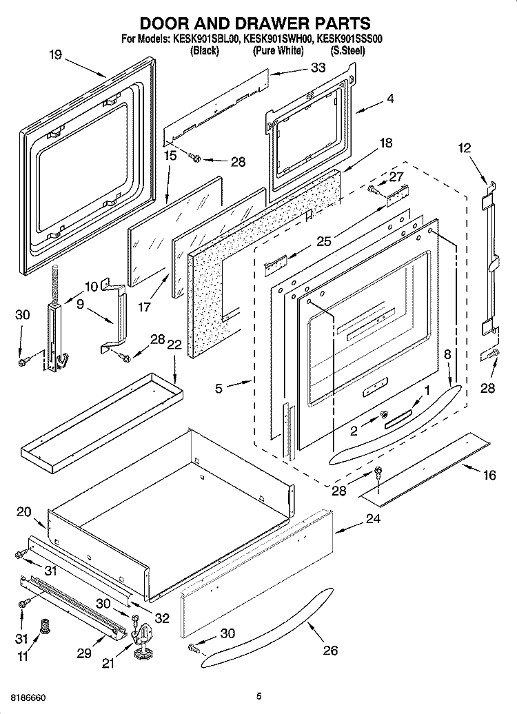 DOOR AND DRAWER PARTS Diagram and Parts List for KESK901SSS00  KitchenAid Range