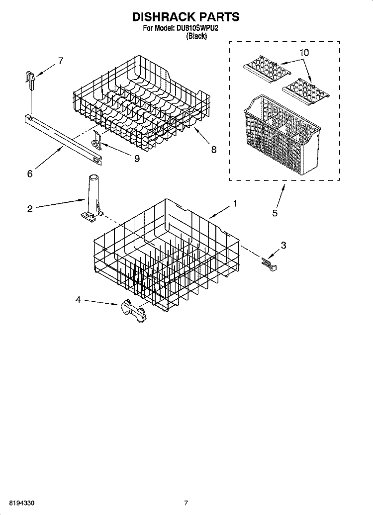 DISHRACK PARTS, OPTIONAL PARTS (NOT INCLUDED) Diagram and Parts List for DU810SWPU2  Whirlpool Dishwasher