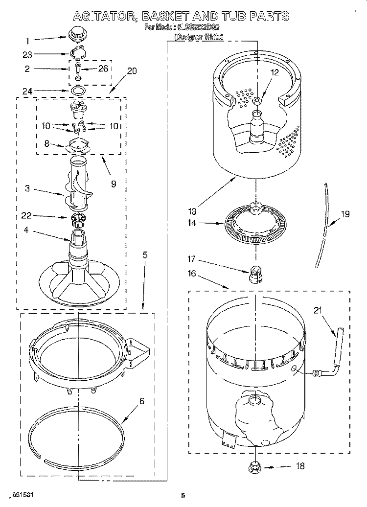AGITATOR, BASKET AND TUB Diagram and Parts List for 6LSS5232DQ2  Whirlpool Washer