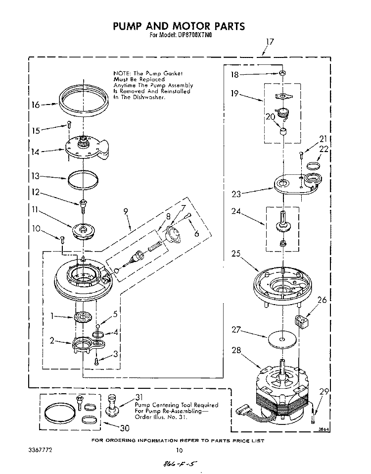 PUMP AND MOTOR Diagram and Parts List for DP8700XTN0  Whirlpool Dishwasher
