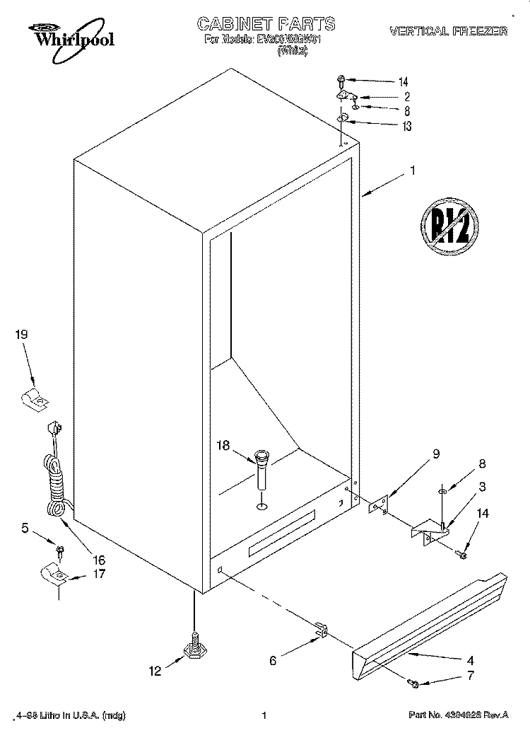 CABINET, LIT/OPTIONAL Diagram and Parts List for EV200NXGW01  Whirlpool Freezer