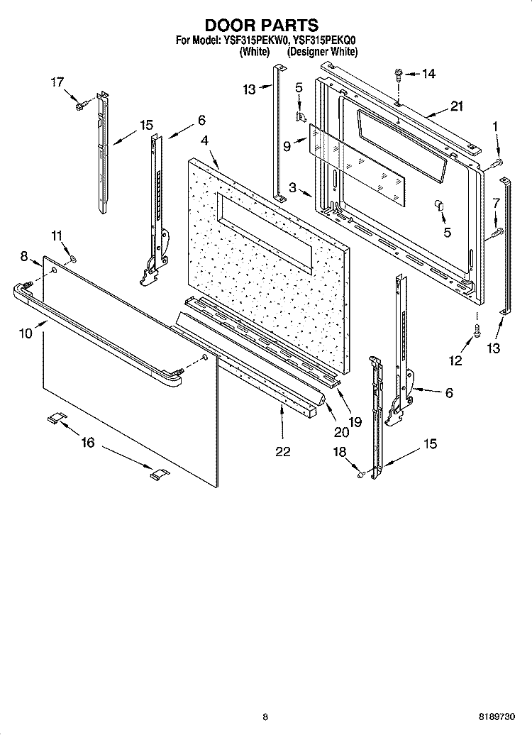 DOOR PARTS, MISCELLANEOUS PARTS Diagram and Parts List for YSF315PEKQ0  Whirlpool Range