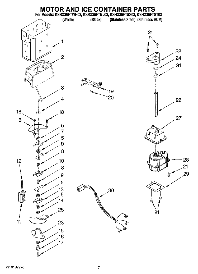 MOTOR AND ICE CONTAINER PARTS Diagram and Parts List for KSRX25FTSS02  KitchenAid Refrigerator