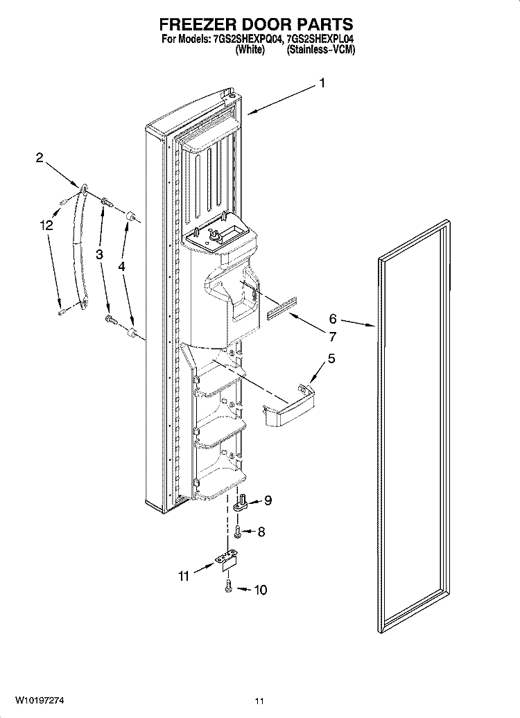 FREEZER DOOR PARTS Diagram and Parts List for 7GS2SHEXPQ04  Whirlpool Refrigerator