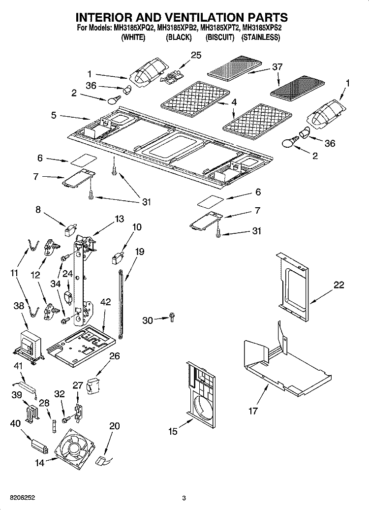 INTERIOR AND VENTILATION PARTS Diagram and Parts List for MH3185XPT2  Whirlpool Microwave