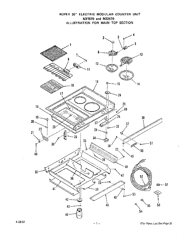 MAIN TOP Diagram and Parts List for N3157W0  Roper Range