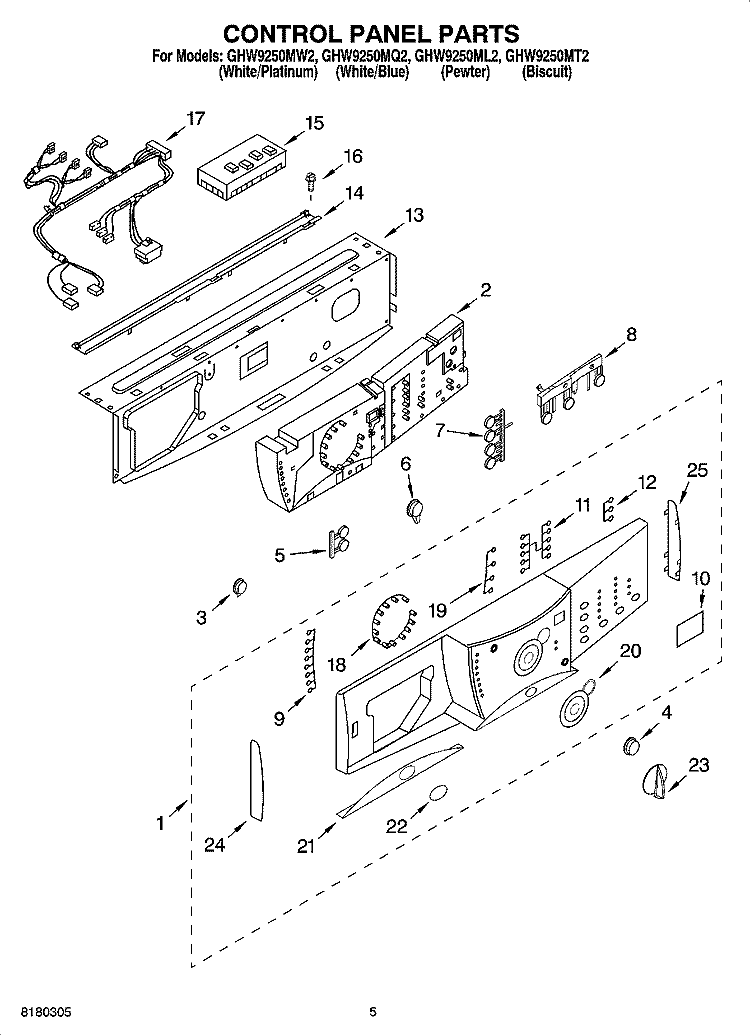 CONTROL PANEL PARTS Diagram and Parts List for GHW9250ML2  Whirlpool Washer