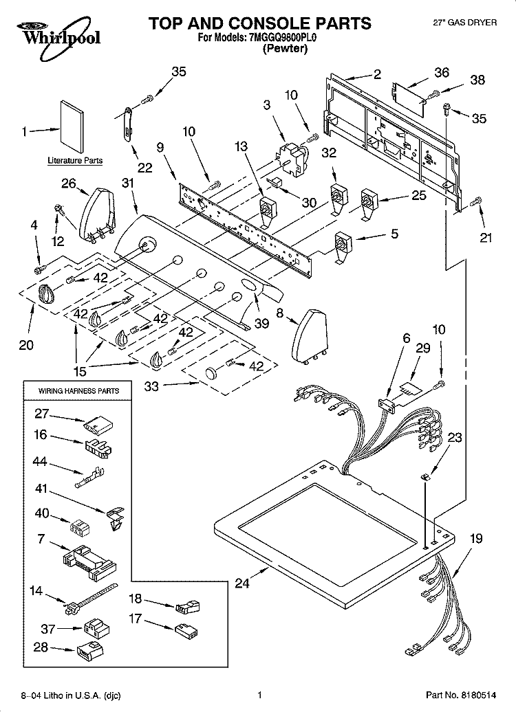 TOP AND CONSOLE PARTS Diagram and Parts List for 7MGGQ9800PL0  Whirlpool Dryer