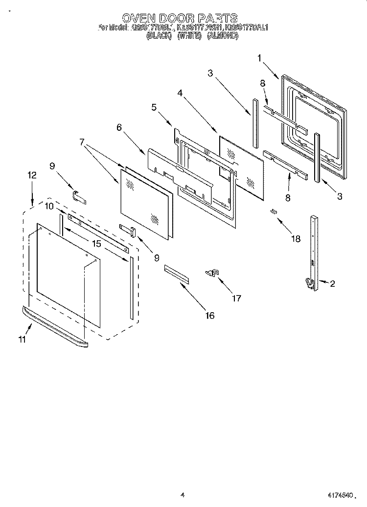 OVEN DOOR Diagram and Parts List for KEBS177DWH1  KitchenAid Wall Oven
