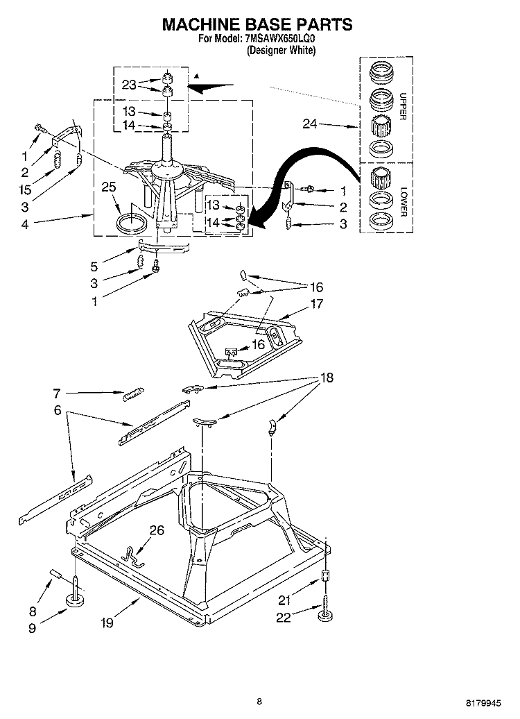 MACHINE BASE PARTS Diagram and Parts List for 7MSAWX650LQ0  Whirlpool Washer