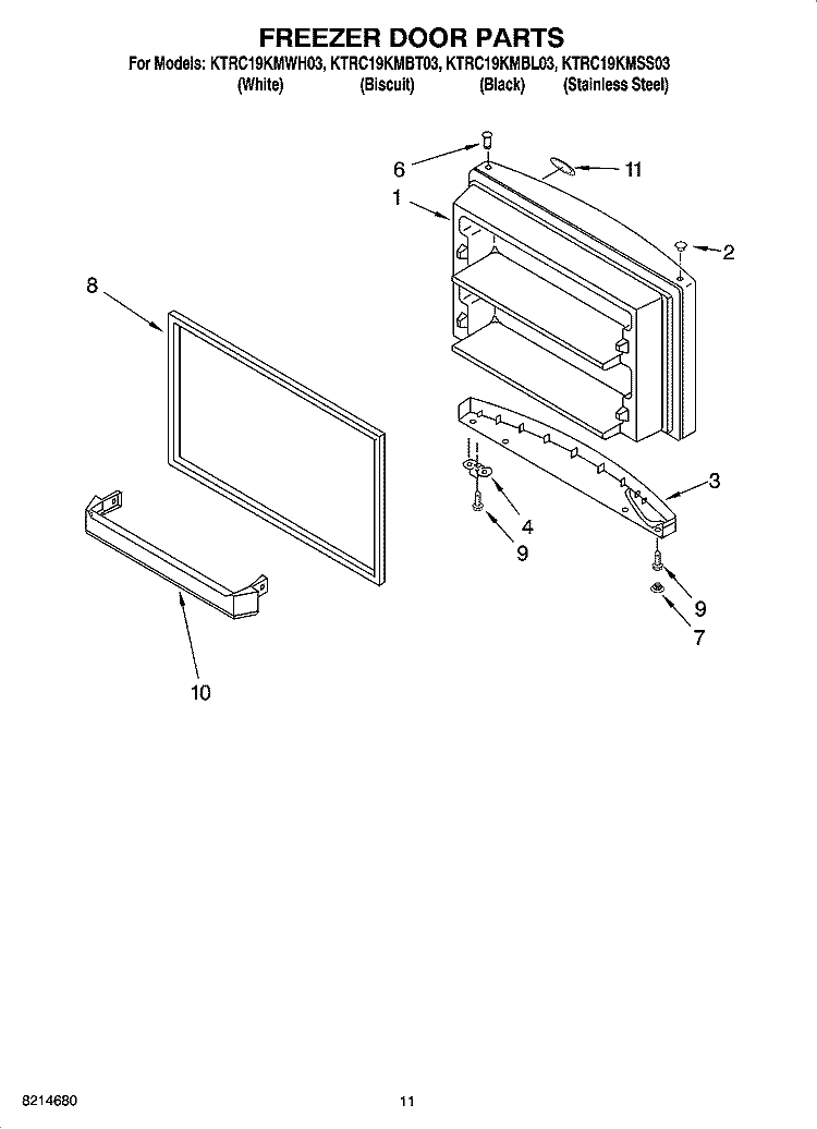 FREEZER DOOR PARTS, OPTIONAL PARTS Diagram and Parts List for KTRC19KMBL03  KitchenAid Refrigerator