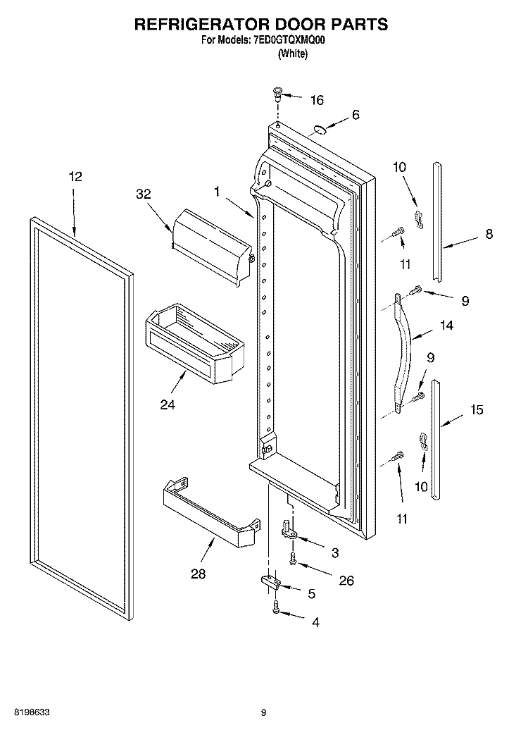 REFRIGERATOR DOOR PARTS Diagram and Parts List for 7ED0GTQXMQ00  Whirlpool Refrigerator