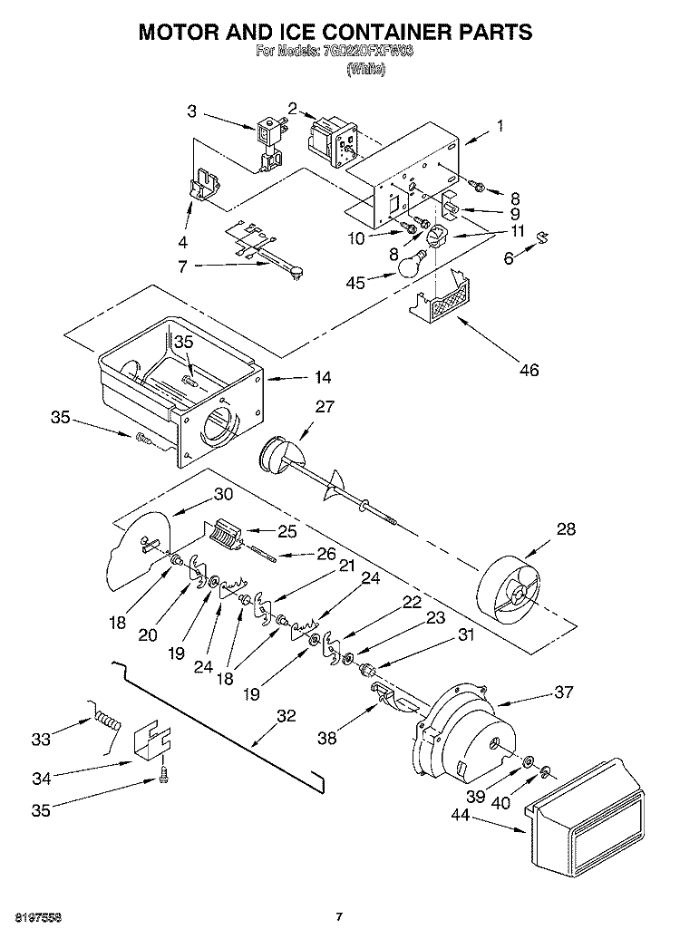 MOTOR AND ICE CONTAINER Diagram and Parts List for 7GD22DFXFW03  Whirlpool Refrigerator