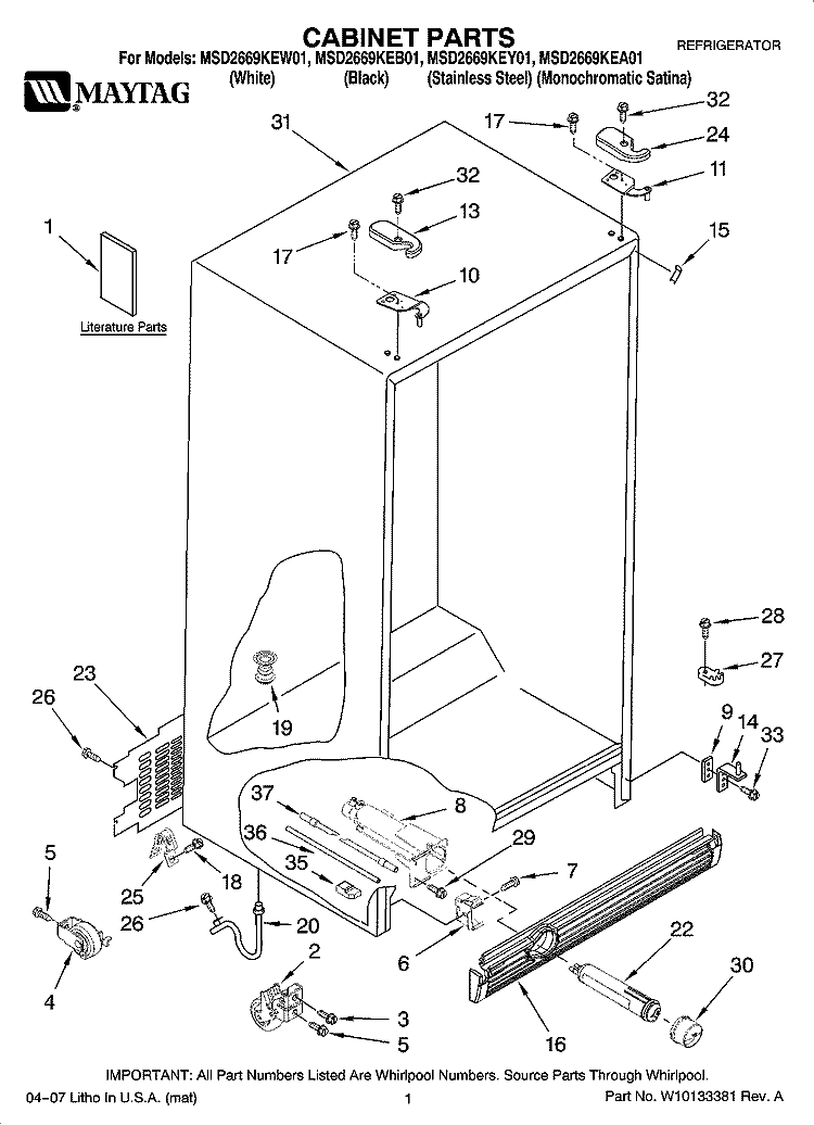 CABINET PARTS Diagram and Parts List for MSD2669KEB01  Whirlpool Refrigerator