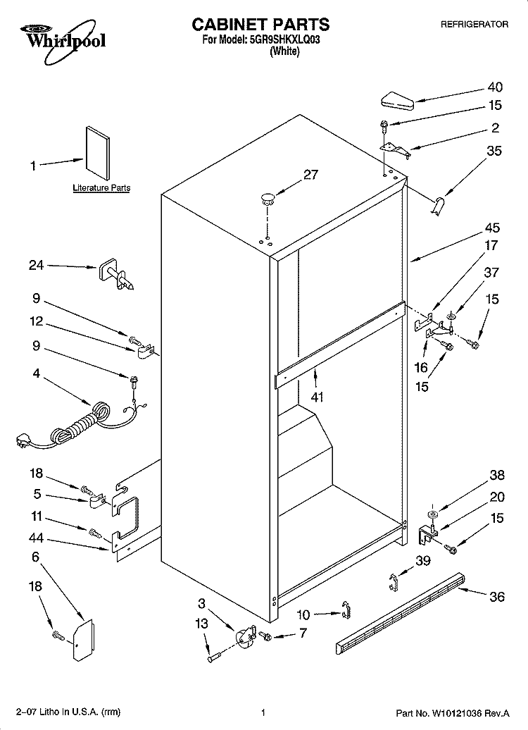 CABINET PARTS Diagram and Parts List for 5GR9SHKXLQ03  Whirlpool Refrigerator