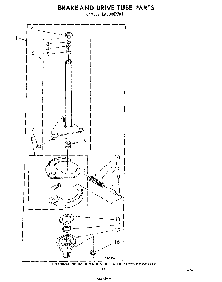 BRAKE AND DRIVE TUBE Diagram and Parts List for LA5800XSW1  Whirlpool Washer