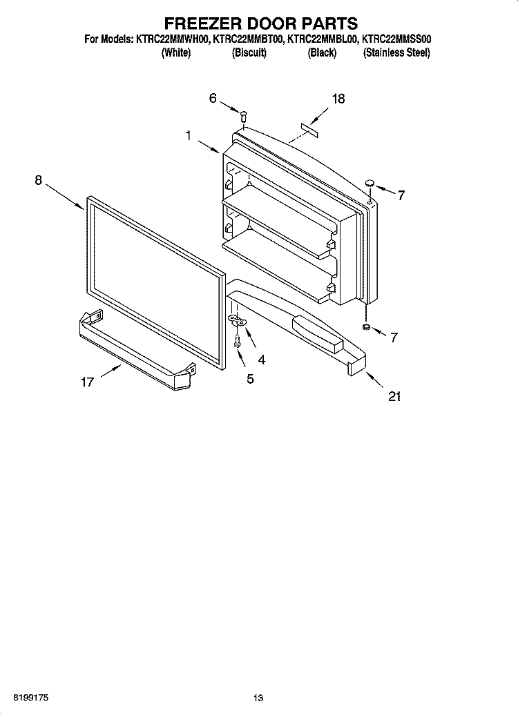 FREEZER DOOR PARTS, OPTIONAL PARTS Diagram and Parts List for KTRC22MMBT00  KitchenAid Refrigerator
