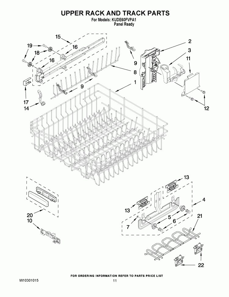 UPPER RACK AND TRACK PARTS Diagram and Parts List for KUDE60FVPA1  KitchenAid Dishwasher