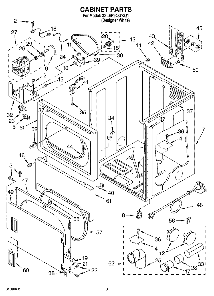 CABINET PARTS Diagram and Parts List for 3XLER5437KQ1  Whirlpool Dryer