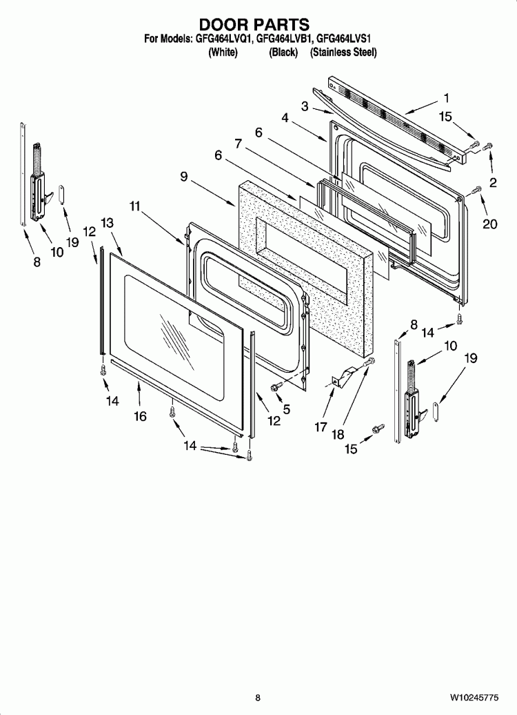 DOOR PARTS, OPTIONAL PARTS (NOT INCLUDED) Diagram and Parts List for GFG464LVB1  Whirlpool Range