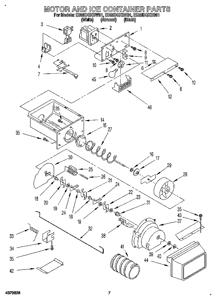 MOTOR AND ICE CONTAINER Diagram and Parts List for ED25DQXBB01  Whirlpool Refrigerator