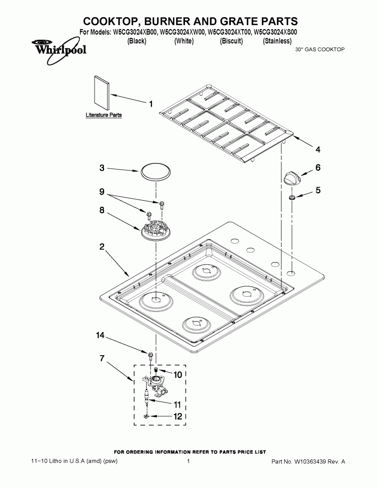 COOKTOP, BURNER AND GRATE PARTS Diagram and Parts List for W5CG3024XT00  Whirlpool Cooktop