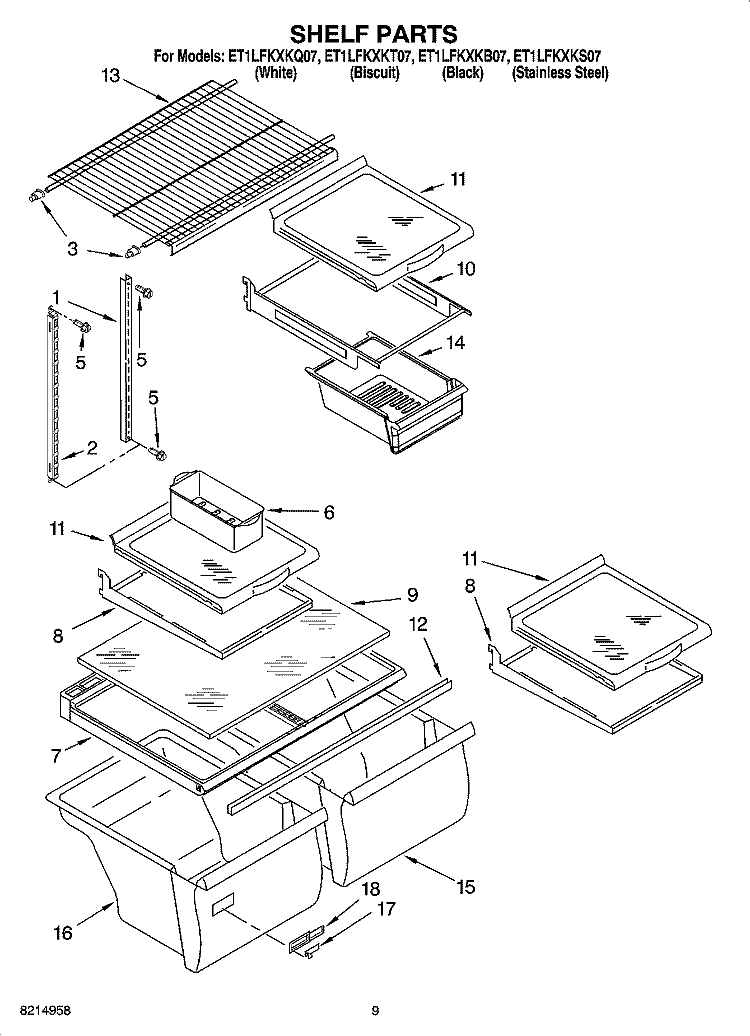 SHELF PARTS, OPTIONAL PARTS Diagram and Parts List for ET1LFKXKS07  Whirlpool Refrigerator