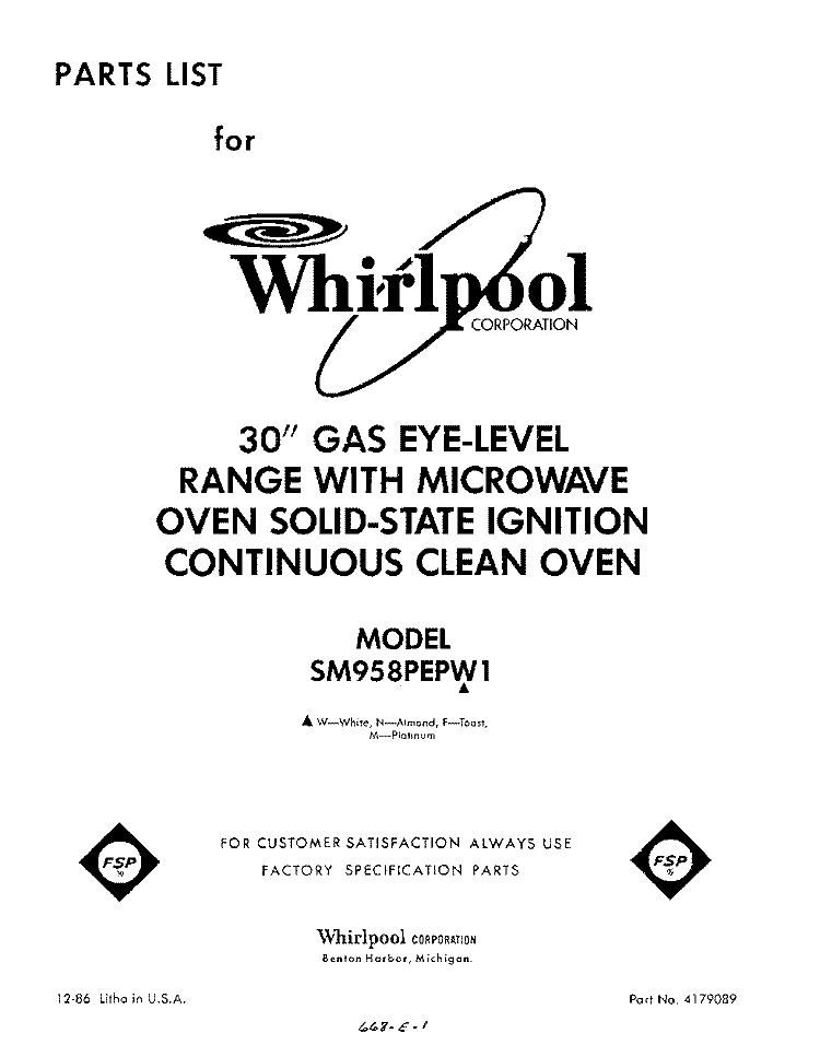 FRONT DOOR Diagram and Parts List for SM958PEPW1  Whirlpool Range