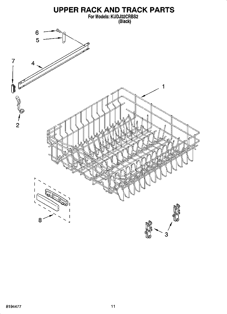 UPPER RACK AND TRACK PARTS Diagram and Parts List for KUDJ02CRBS2  KitchenAid Dishwasher