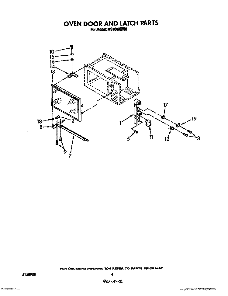 OVEN DOOR AND LATCH Diagram and Parts List for MS1600XW0  Whirlpool Wall Oven