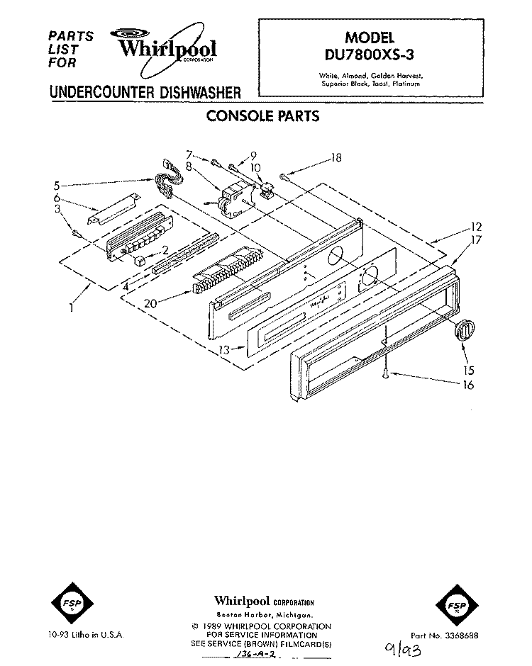 CONSOLE Diagram and Parts List for DU7800XS3  Whirlpool Dishwasher